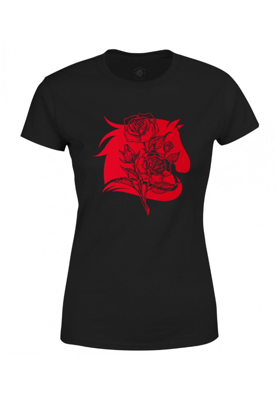 Koszulka damska Koń z różą - czerwony