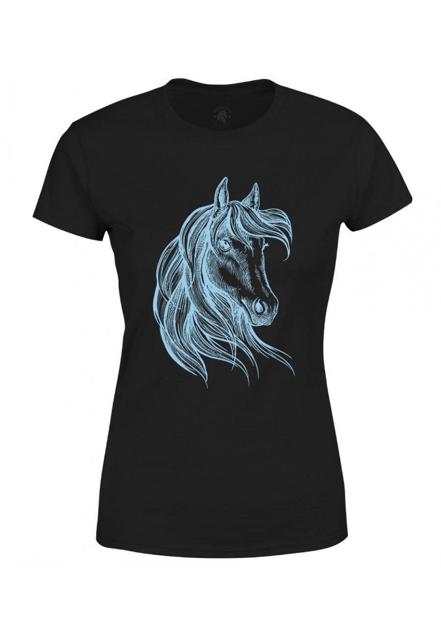 Koszulka damska Rysunek Konia - niebieski